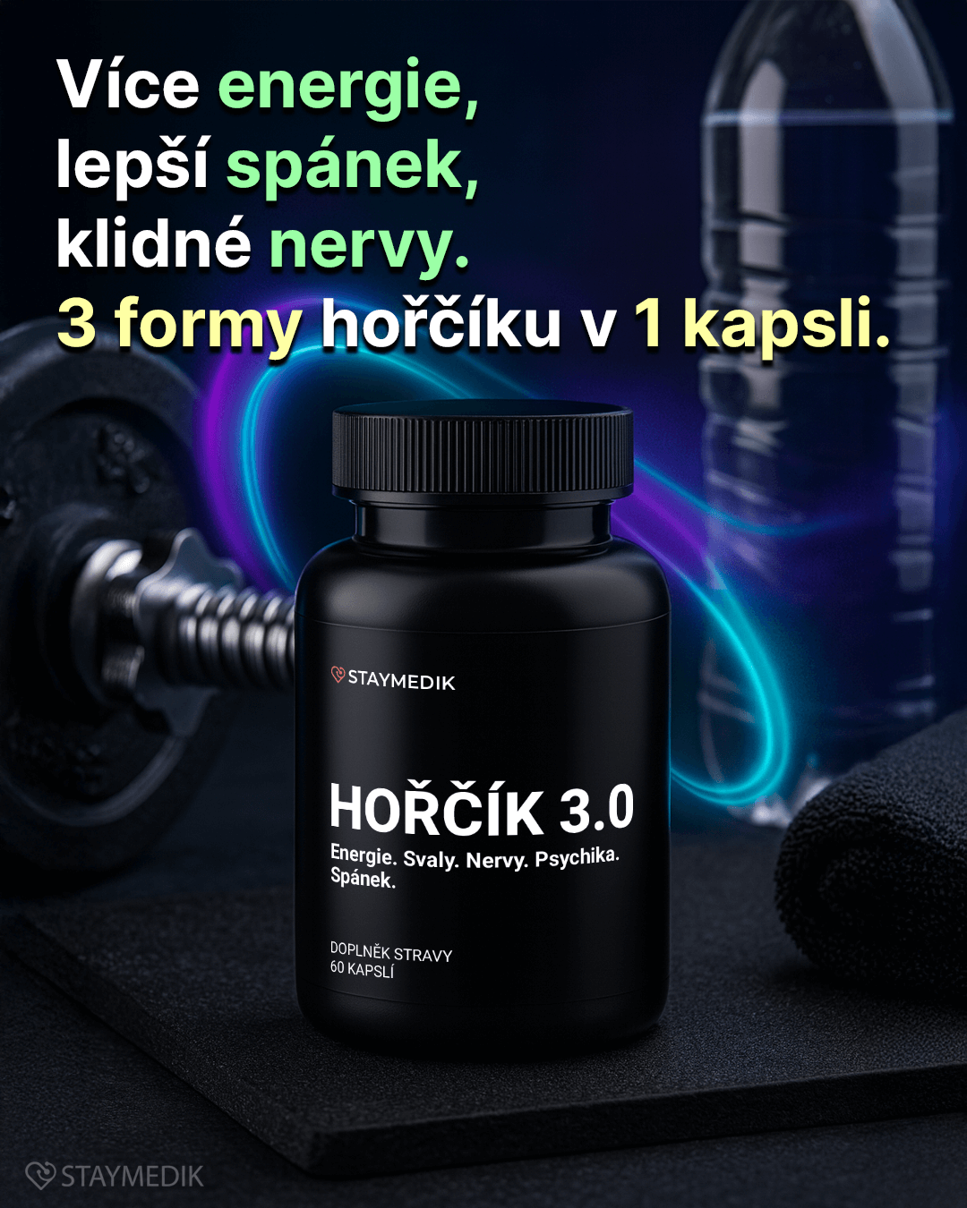 Hořčík 3.0: malát, bisglycinát & citrát - energie, svaly, nervy, 60 veganských kapslí